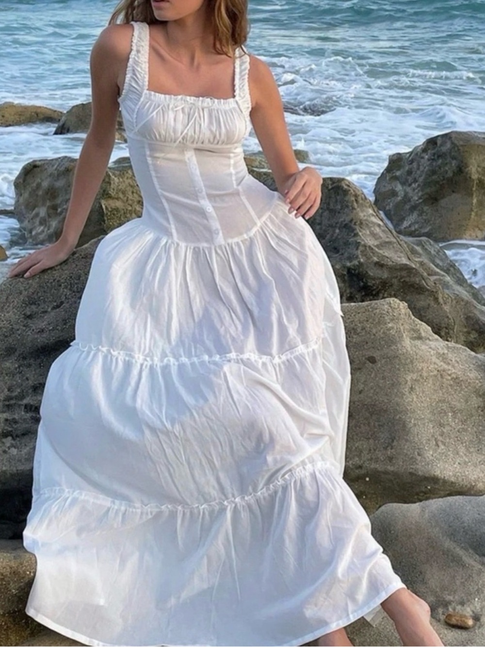 Frankies Bikinis Christabelle Ruffle Maxi Dress in white size M